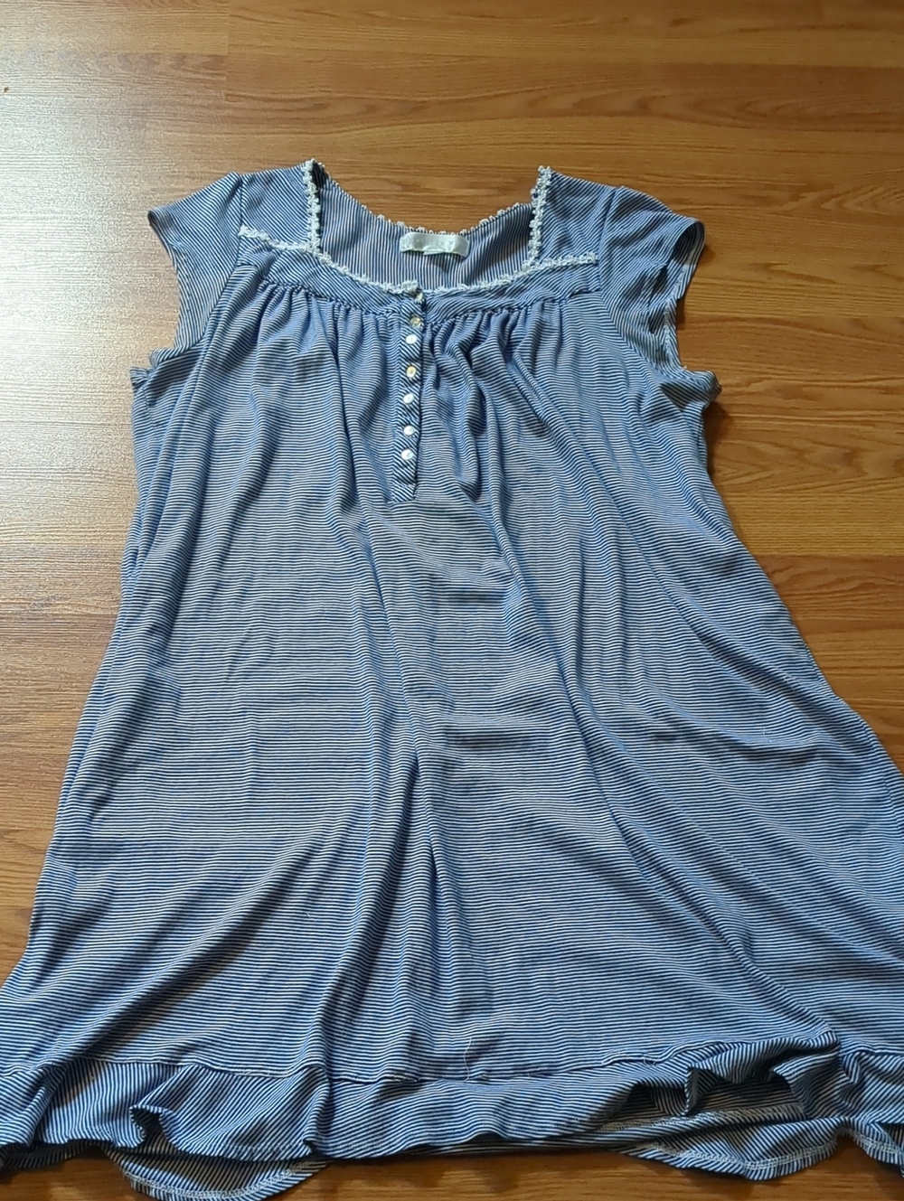 Eileen West Blue White Striped 100% Cotton Knit Nightgown XL